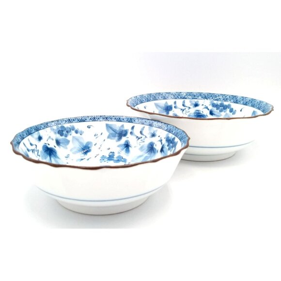 Vintage Japanese Blue White Porcelain Bowls Grapevine Scalloped Rim Set of 2 - Picture 2 of 16